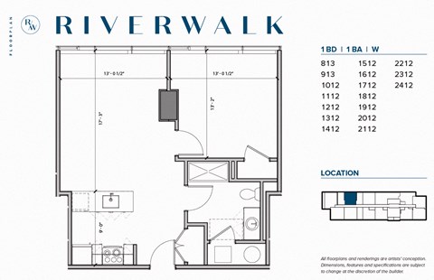 Floor plan for 1 bed, 1 bath, 719 sqft